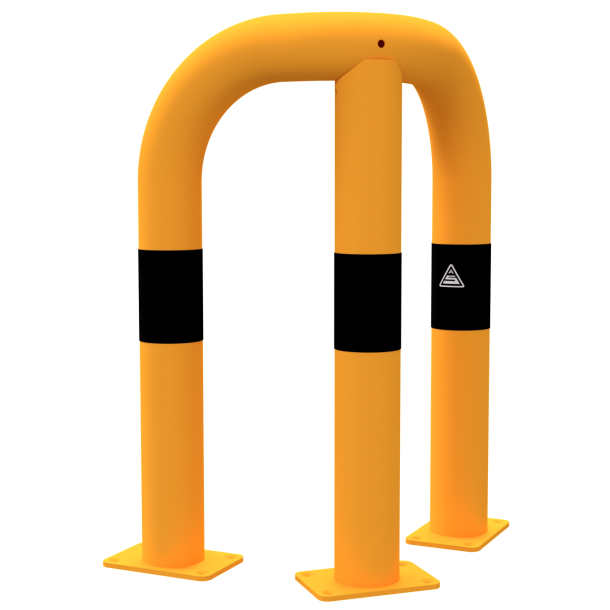 Anti-nudge hoop 90 | equal-sided | steel tube  76 mm | yellow / black | total width: 350 mm | height above ground: 650 mm | to be fixed by plugs